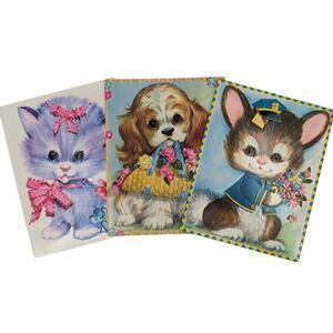Vintage 1970's Lot 3 COBY PRECIOUS PETS Bunny Dog Cat ~ Embossed Greeting Cards